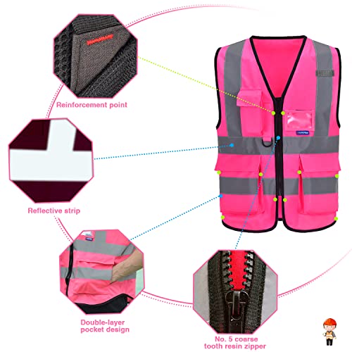 A-SAFETY Pink High Visibility Vest,Reflective Safety Vest Workwear 7 Pockets Hi Vis Durable Vest with Reflective Tapes 4 Lower Pockets,Small - color: Pink, size: Small