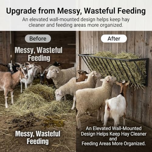 Wall-Mounted Hay Feeder, Carbon Steel Goat Feeder, 67 Gallon Dual-Purpose Rack for Livestock Feed, Blankets, Clothes, 63" x 13" x 17"