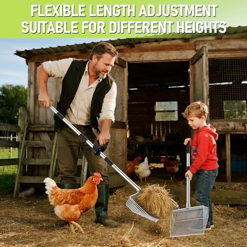 Huracan Chicken Poop Scooper 15 inch, Metal Large Litter Sifting Shovel, Heavy Duty Chicken Coop Scoop with Detailed Mesh, Adjustable 36" to 61" Stainless Steel Long Handle, for Sand Coop Cleaning