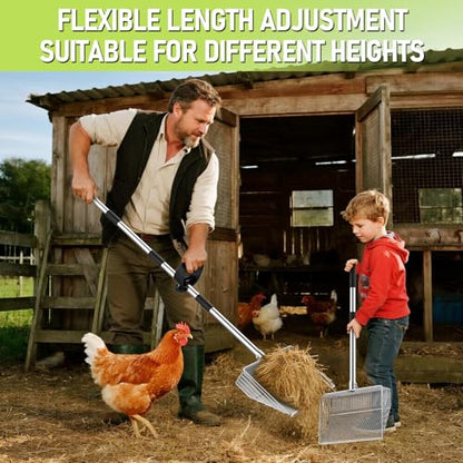 15-inch Metal Extra Large Chicken Poop Scooper, Heavy Duty Chicken Coop Scoop with 36" to 61" Adjustable Stainless Steel Long Handle, Litter Sifting Shovel for Chicken Coop Cleaning
