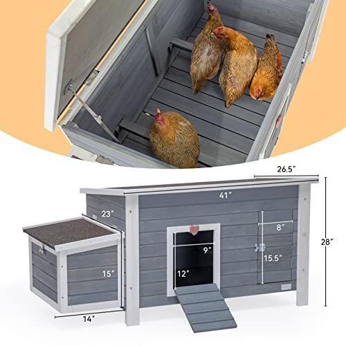 Petsfit Large Chicken Coop with Upgraded Perches, Wooden Outdoor Chicken Cage with Large Nesting Box, Weatherproof Open Asphalt Roof &Removable Bottom, Duck House, Rabbit Hutch - color: Grey