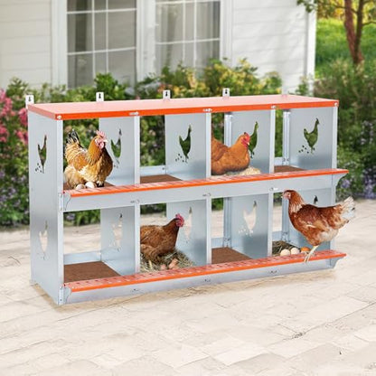 Galvanized Steel Chicken Nesting Box 8 Bay Wall Mounted Predator Proof for Hens and Ducks Easy Egg Collection Vented Design Easy Assemble Orange Coop Equipment (8 Compartment) - size: 42.5"L x 17.0"W x 25.0"H
