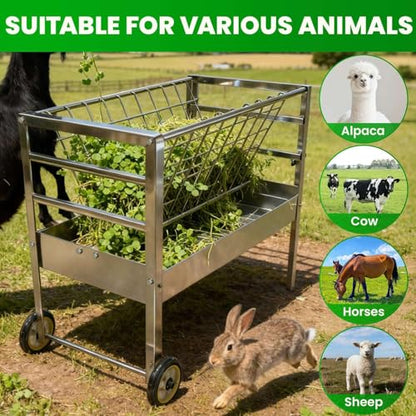 Easy to Assemble 2 in 1 Livestock Feeder with Wheels, Hay Grid on Top and Grain Trough Below, Heavy Duty Galvanized Steel, Space Saving Freestanding Feeder