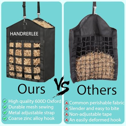 Hay Bags for Horses, 1PCS Slow Feed Hay Bags for Goats, Sheep, Donkey, Two-Sided Premium Oxford Hay Feed Bags and High Strength Metal Clasp, Easy to Hang with Adjustable Strap(Black, Large 1 Pack) - size: 1PCS