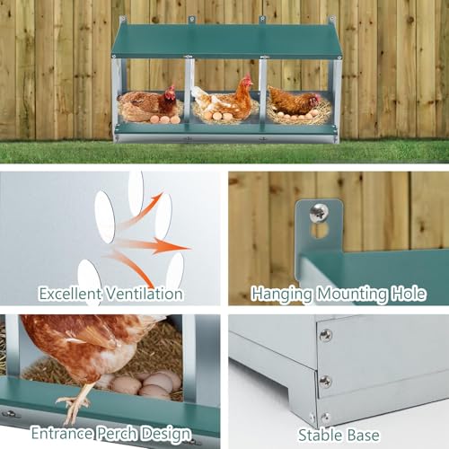 Chicken Nesting Box for Laying Eggs - 3 Room Chicken Laying Boxes, Nesting Boxes for Chickens, Heavy Duty Metal Chicken Coop, 32.9" L x 16.34" W x 15.35" H - size: 32.9" L x 16.34" W x 15.35" H