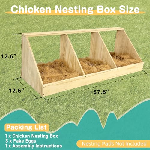 Chicken Nesting Boxes, 3 Compartment Wooden Chicken Laying Boxes, Nesting Boxes for Chickens, Hens, Ducks, Poultry Nest Box for Laying Eggs, Includes 3 Fake Eggs - size: 37.8"L x 12.6"W x 11.0"H