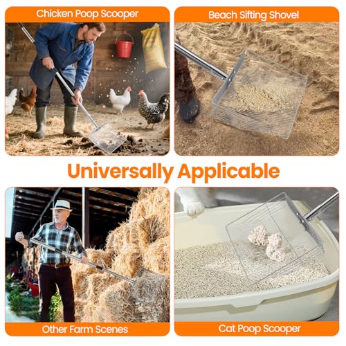 12 inch Chicken Poop Scooper, 4 in 1 Adjustable Chicken Coop Pooper Shovel (24 to 68"), Stainless Steel Sifting Litter Shovel Scoop for Chicken Coop/Goat Stall/Stable Cleaning