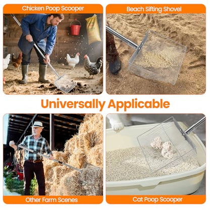12 inch Chicken Poop Scooper, 4 in 1 Adjustable Chicken Coop Pooper Shovel (24 to 68"), Stainless Steel Sifting Litter Shovel Scoop for Chicken Coop/Goat Stall/Stable Cleaning