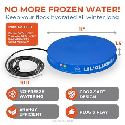 Lil'Clucker Heated Base for Chicken Waterer – Automatic Metal Freeze Proof Heated Chicken Waterer with Heater & LED – Poultry Heated Waterer for Winter (Blue, 11 Inch) - color: Blue