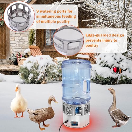 5 Gallon Heated Chicken Waterer Poultry Water Heater for Winter Stainless Steel Adjustable Temperature 8 Drinking Ports Heated Water Bowl for Chickens Ducks Geese Pigeons