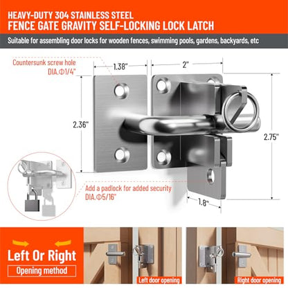 Heavy Duty Self Locking Fence Gate Lock Latch Stainless Steel, Wooden Post Mount Gate Door Latch Matte Silver 1Pack - color: Silvery White
