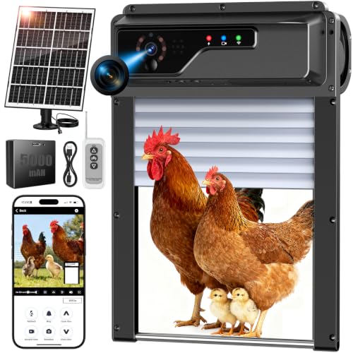 WiFi Automatic Chicken Coop Door with Camera, APP Remote Control, Smart Solar Powered Auto Chicken Door Opener with Timer, Night Vision, Anti-Pinch Safety, Smart Alerts, Space-Saving Roll-Up Design