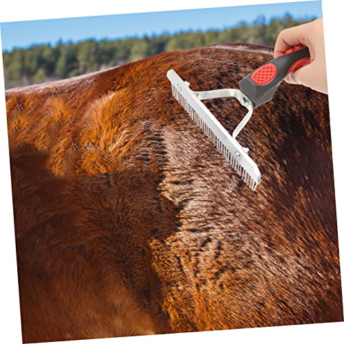 Ergonomic Rubber Handle Horse Grooming Comb Rake with Durable Metal Teeth for Shedding Mud Removal Massage Non Slip Grip Cleaning Brush for Horse Hair Care and Circulation