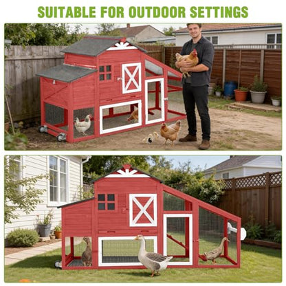 GUTINNEEN Chicken Coop with Wheels for 2-4 Chickens, Large Wooden Outdoor Hen House with Run, Waterproof & UV-Resistant Roof, Removable Leakproof Tray and Divided Nesting Box– Red - color: (Red-AIR32)