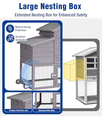 Mobile Chicken Coop with Wheels, Duplex Outdoor Chicken House with Expandable Run, Slide-Out Tray, Weatherproof Roof, Predator-Proof Hen House - Grey - color: 72.3"L Light Grey