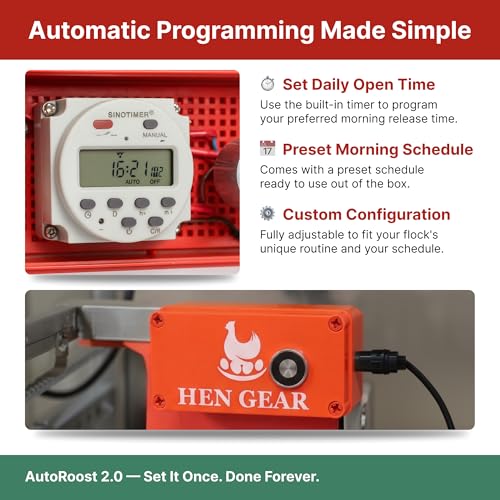 HenGear AutoRoost, Automatic Chicken Coop Door, Auto Chicken Roost Bar Opener with Timer Function, Plug-in Operation for Reliable Morning Access, Easy Setup, Auto Opener, Chicken Coop Accessories
