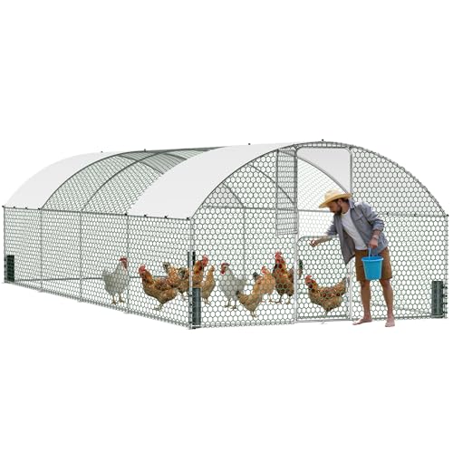 Large Metal Chicken Coop, Walk-in Chicken Run with Feeding Door, Security Lock and Cover, Outdoor Duck/Rabbit Cage Poultry Pen for Backyard, Farm, Yard (Silver - Dome Roof, 26.2 x 9.8 x 6.6 FT) - size: 314.0"L x 118.1"W x 78.7"H