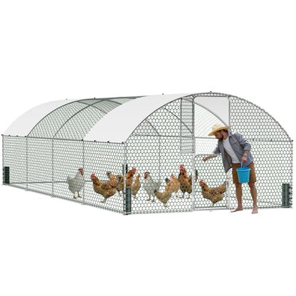 Large Metal Chicken Coop, Walk-in Chicken Run with Feeding Door, Security Lock and Cover, Outdoor Duck/Rabbit Cage Poultry Pen for Backyard, Farm, Yard (Silver - Dome Roof, 26.2 x 9.8 x 6.6 FT) - size: 314.0"L x 118.1"W x 78.7"H