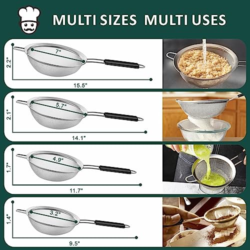 Yimi Fine Mesh Strainers Skimmers Set of 4, Stainless Steel Sieve Strainer Wire Sifter Colanders with Anti-Scald Handle,Kitchen Utensil Ideal for Strain Pasta Quinoa Rice, Ideal for Gift - size: 4-Piece Fine Mesh Strianer Set for Baking