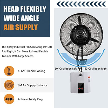 Cooling Fan with Mist,60°Oscillating Wall-Mounted Misting Fan,Industrial Shop Garage Barn Workspace Misting Fans with 3 Wind Modes,71cm/28in