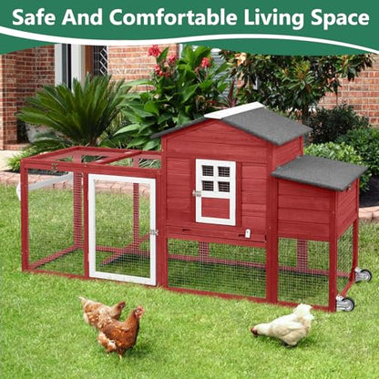 79" L Chicken Coop with Run, Mobile Chicken Hen House with Nesting Boxes, Wheels, Outdoor Indoor Rabbit Hutch, Poultry Cage for Chickens Ducks Bunny with Removable Tray, Ramp (Red) - color: 79" L Red