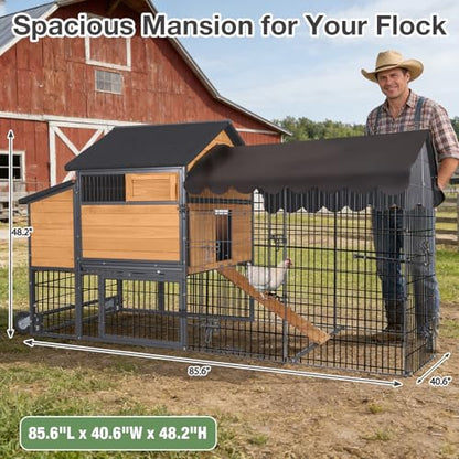 85.6" Chicken Coop with Wheels and Large Run, Heavy Duty Metal Frame Wooden Hen House for 4-6 Chickens, Mobile Poultry Cage with 3 Nesting Boxes, Waterproof Asphalt Roof & Anti-Predator Locks - color: Orange