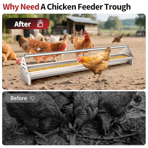 RYFT Chicken Feeding Trough 45", Heavy Duty Galvanized Steel Chicken Feeder with Crossbar, Holds 12 Chickens with Drainage Holes, Large Capacity Poultry Feeder Trough for Duck Geese Turkey Pigeon