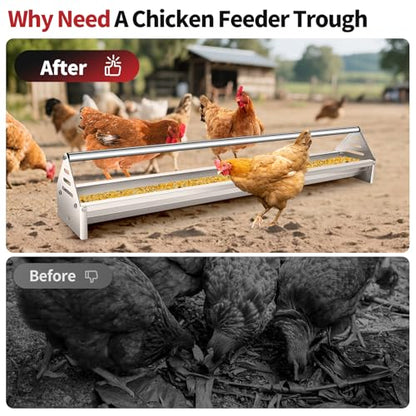 RYFT Chicken Feeding Trough 45", Heavy Duty Galvanized Steel Chicken Feeder with Crossbar, Holds 12 Chickens with Drainage Holes, Large Capacity Poultry Feeder Trough for Duck Geese Turkey Pigeon