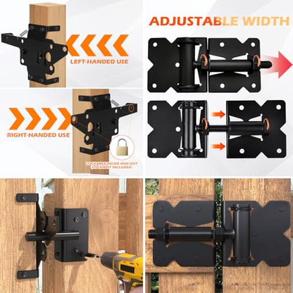 Heavy Duty Self-Closing Gate Hinge and Latch Kit, Self-Locking Hardware for Wooden, Vinyl, and PVC Fences, Adjustable Hinges & Post Mount Latch, Includes 2 Latch & 4 Hinges - size: 4 Gate Hinges with 2 Self Locking Gate Latch