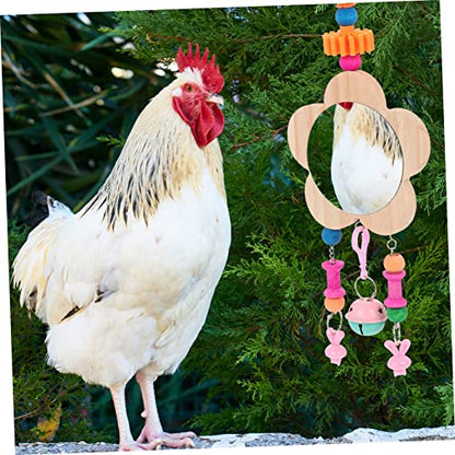 MERRYHAPY Rooster Hanging Mirror Toy Bell Pendant Wooden Chicken Mirror for Cage Playtime and Intellectual Development Fun Poultry Toy for Hens and