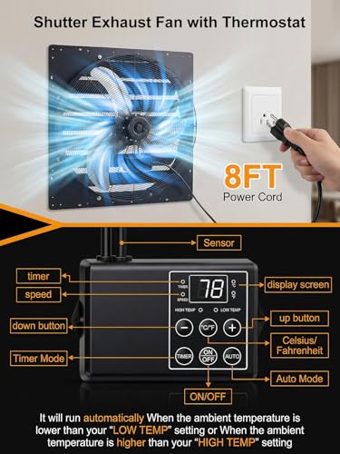 30in Shutter Exhaust Fan with Thermostat,Wall Mounted Attic Ventilation Fan,7000CFM,8m/s,Window Shutter Exhaust Fan with Remote,Controller,3Speed,Timer,All-Metal for Garage,Greenhouse,Attic,Coop,Black