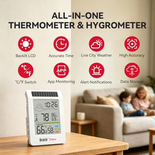 BaldrTherm WiFi Thermometer Hygrometer with Backlight, Weather & Time, Solar-Powered Indoor Outdoor Temperature Humidity Monitor with App Alerts, Weather Station for Greenhouse, Cellar & Baby Room
