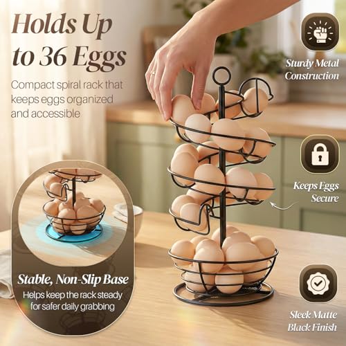 Flexzion Metal Egg Skelter Countertop Egg Holder - Sturdy Black Spiral Egg Holder with Bottom Basket and 360-Degree Rotatable Middle Pole Up to 36-Egg Capacity, Egg Storage Rack Solution - color: Black, size: Large Skelter