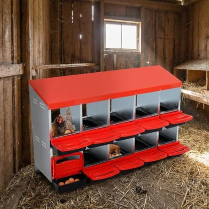 Chicken Nesting Boxes with Cleanable Pull-Out Trays - 10 Hole Metal Rollaway Nest Box for Laying Hens, Wall Mount or Placed Design for Easy Egg Collection & Cleaning