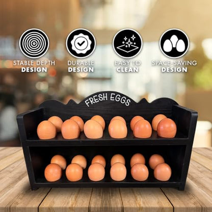 Black Premium Pine Wooden Egg Holder 2-Tier Durable 24-Egg Storage Solution Ideal for Modern and Rustic Kitchen Fresh Eggs - color: Black