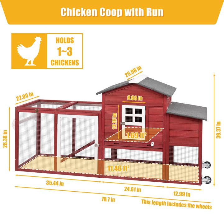 Ketive Chicken Coop with Run and Wheels, Outdoor Wooden Hen House with Nesting Box, Asphalt Roof, Removable Tray, Mobile Poultry Cage Rabbit Hutch Red - color: Red, size: 74.8"L x 22.1"W x 39.4"H