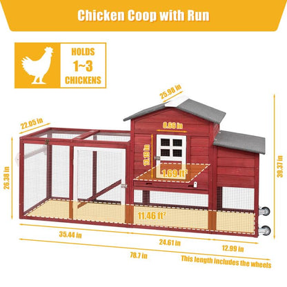 Ketive Chicken Coop with Run and Wheels, Outdoor Wooden Hen House with Nesting Box, Asphalt Roof, Removable Tray, Mobile Poultry Cage Rabbit Hutch Red - color: Red, size: 74.8"L x 22.1"W x 39.4"H