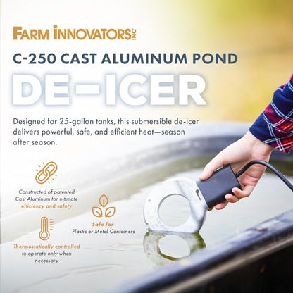 Farm Innovators Utility De-Icer for up to 25 Gallon Container - 250W Water Deicer- Ice Chaser Cast Aluminum Design for Plastic or Metal Water Container | Stock Tank Heater, Farm Innovators De-Icer, Ice Chaser, Submergible Thermostat, Livestock Water Heate
