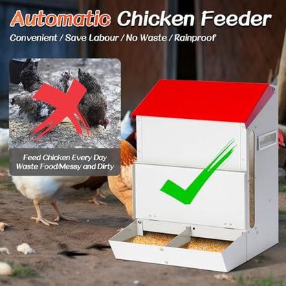 Automatic Chicken Feeder No Waste, Wall Mount| Weatherproof| Mess Free | Galvanized Hanging Poultry Feeder with Lid| Metal Chicken Feeder Trough Food Dispenser for Duck Geese|Hens| Turkeys Coop