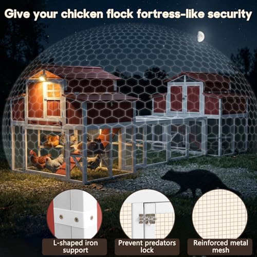 Extra Large Connected Chicken Coop with Center Run for 6–10 Chickens, Dual Wooden Hen Houses, 2-Tier Elevated Design, Nesting Boxes, Pull-Out Tray, Reinforced Frame, Red - color: Red