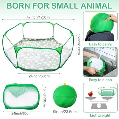 VitalCozy Hamster Playpen with Mat Small Animal Cage Tent Breathable Transparent Guinea Pig Playpen Waterproof Portable Yard Fence Mat Foldable Exercise Cage Outdoor Indoor (Green,Star) - color: Green