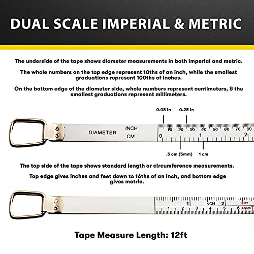Perfect Pi Diameter Circumference Tape Measure - Imperial and Metric Tape Measure 1/2-inch By 12ft / 3.5m - Use for Measuring Cylindrical Objects - (Pipe Tape, Tree Tape) Model DCT120