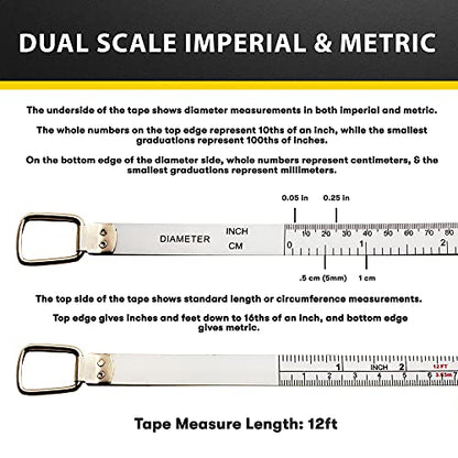 Perfect Pi Diameter Circumference Tape Measure - Imperial and Metric Tape Measure 1/2-inch By 12ft / 3.5m - Use for Measuring Cylindrical Objects - (Pipe Tape, Tree Tape) Model DCT120