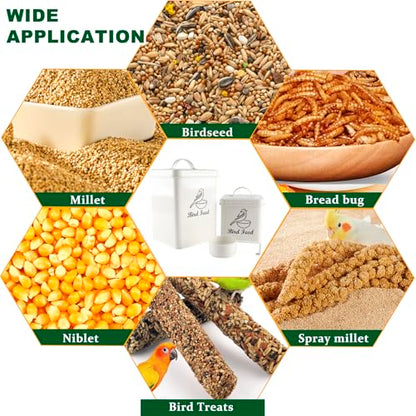 Set of 2 Metal Bird Seed Storage Container,Combined 8lbs Bird Seed Container with Scoop,Wild Bird Food Bins for Storing Sunflower Seed-Sturdy and Squirrel proof-6''x9''+5''x5''-White