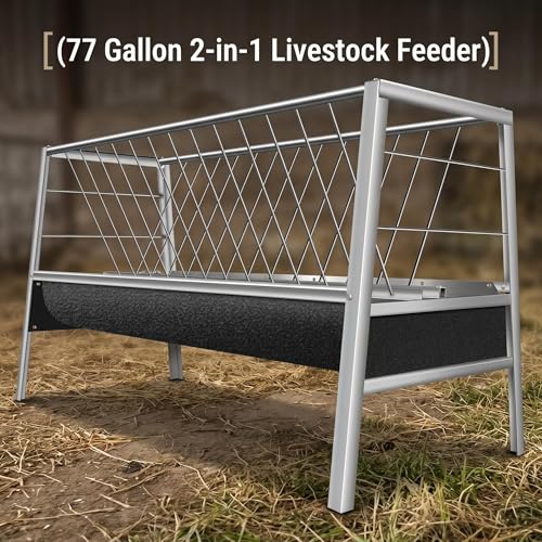 Heavy Duty Goat Feeder, 77 Gallon Stainless Steel Livestock Feeder, Anti-Waste Hay Feeder with Rubber Trough, 33.4 Inch Height for Goats, Calves, Sheep, Use in Barn, Pasture, Pigsty