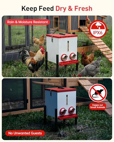 55 LBS Large Metal Chicken Feeder, 40L Automatic Poultry Feeder with 4 Feeding Ports, No Waste Catch Tray, Height Adjustable, Weatherproof for Chicken Coop Outdoor Backyard | 55 LBS Large Metal Chicken Feeder