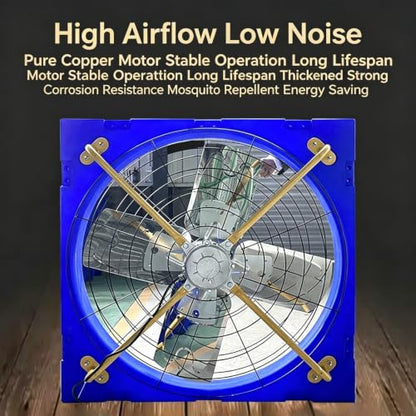 Heavy-Duty 45-Inch Barn Fan for Livestock, Waterproof Hanging Box Ventilator for Garage Patio, Large Industrial Wall-Mounted Cooling Blower with Stainless Steel Blades, Blue