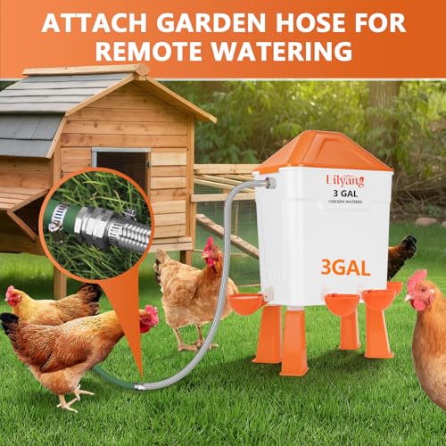 Lilyang Automatic Chicken Waterer & Feeder 3 Gallon, Auto-Refill Chicken Waterer with Float Valve, Anti-Spill Feeder & Leak-Proof Cups, End Daily Refilling & Mess, Standing or Hanging Use - color: Bright Orange