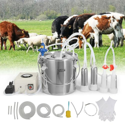 Happybuy Goat Milking Machine, Food-Grade Silicone Cups and Tubes, Portable, 12L 304 Stainless Steel Bucket, Adjustable Suction for Cows and Sheep, Electric Pulsation Automatic Vacuum Milker