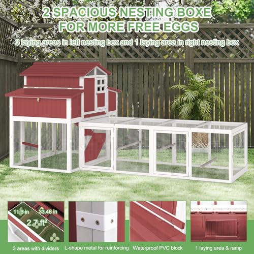Gowoodhut 115.36" L 2-Story Chicken Coop with Extra Run Cage,Chicken House Hen House with 2 Large Nesting Boxes,Expandable Poultry Cage for 4-6 Chicken with 4 Perching Bars,Pull-Out Tray,Ramps(RED) - size: PET85+Extra Run Cage-Red